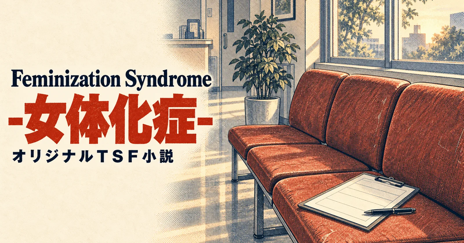 Feminization Syndrome ‐女体化症‐。待合室の朱色の長椅子と問診票。