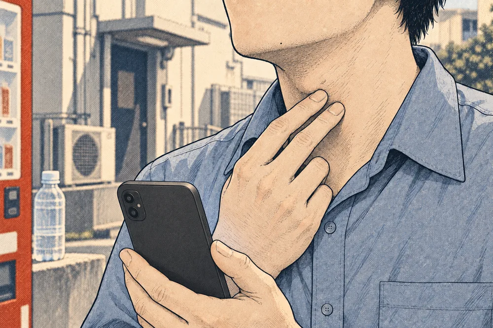 喉に触れる指とスマートフォン